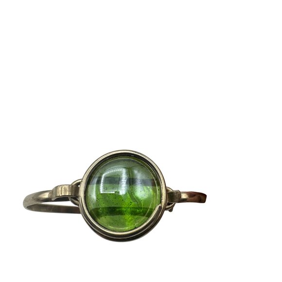 Green Glass Cabochon Silver-Tone Bracelet with Hook Clasp - Picture 4 of 9